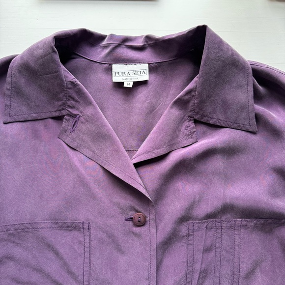 Vintage Pura Seta Italian Purple Silk Short Sleeve Button Down Medium - Picture 6 of 10